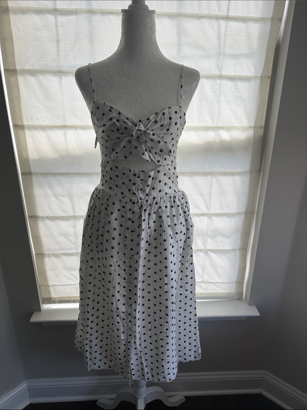 White Polka Dot Tie-Front Midi Dress